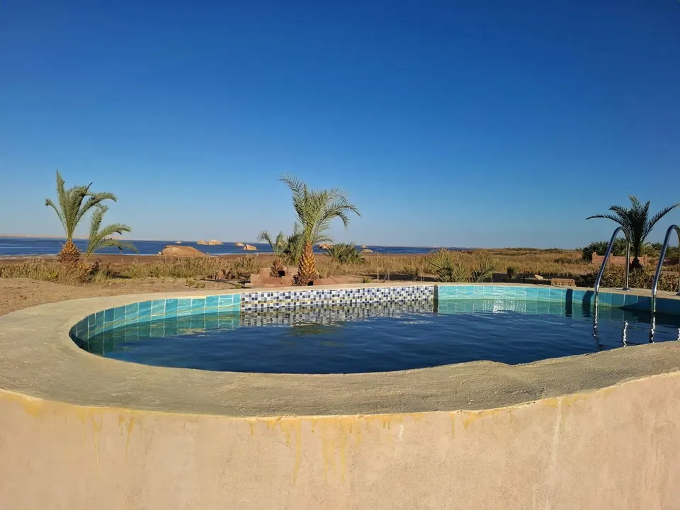 The round hot-spring pool at Siwa Salt Lake Lodge, with palm trees and the lake beyond